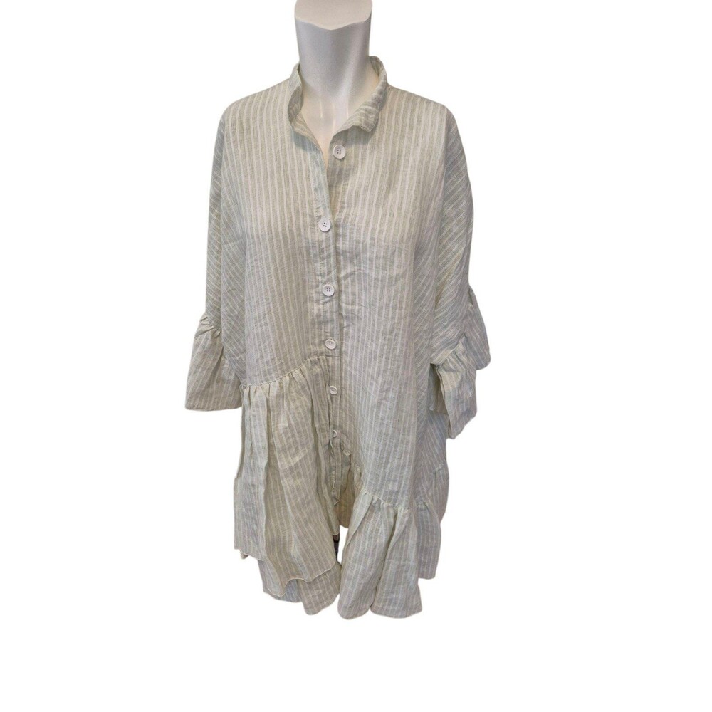 Aurelia Aqua Greek Boho Ruffle Linen Shirt Swing Dress Green Stripe Sz O/S NEW